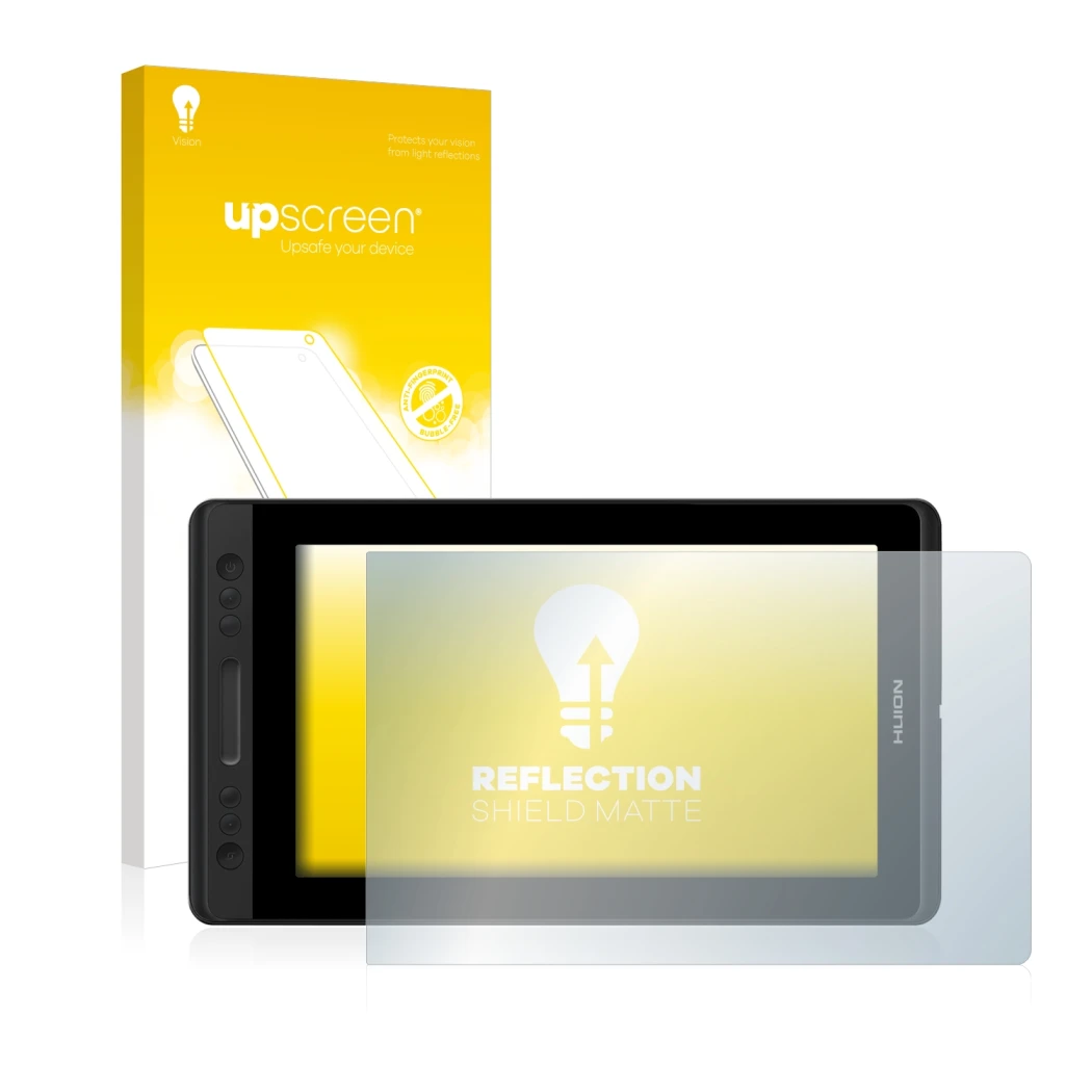 Parte frontal de un envase de producto con el logotipo de la marca upscreen. Al lado se muestra el dispositivo Huion Kamvas Pr