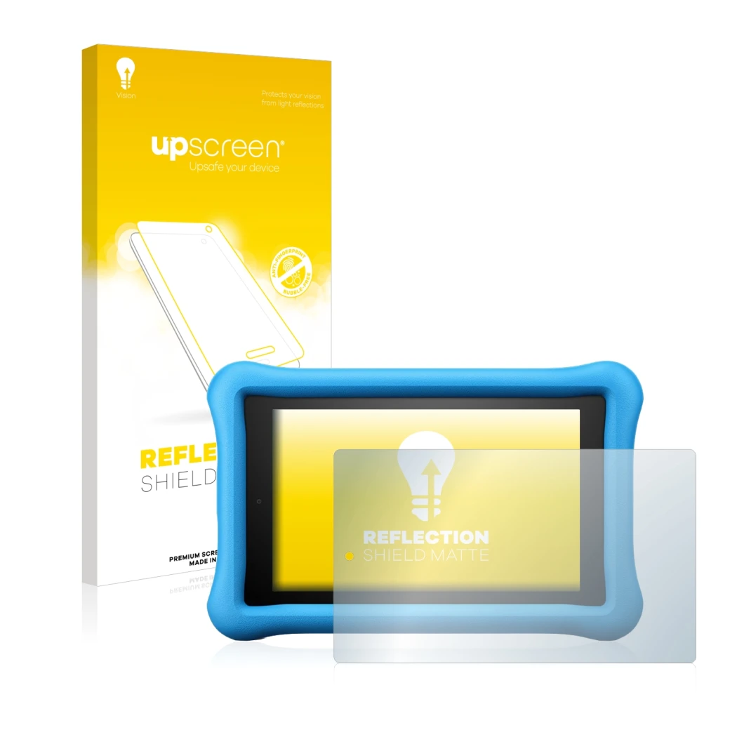 Parte frontal de un envase de producto con el logotipo de la marca upscreen. Al lado se muestra el dispositivo Amazon Fire HD