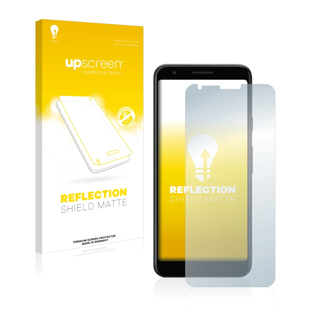 Parte frontal de un envase de producto con el logotipo de la marca upscreen. Al lado se muestra el dispositivo Google Pixel 3a