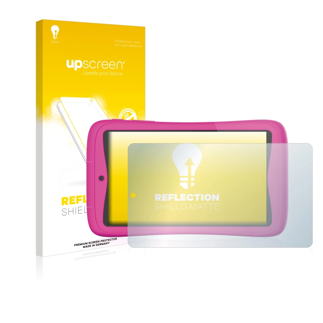 Parte frontal de un envase de producto con el logotipo de la marca upscreen. Al lado se muestra el dispositivo Kurio Connect 7