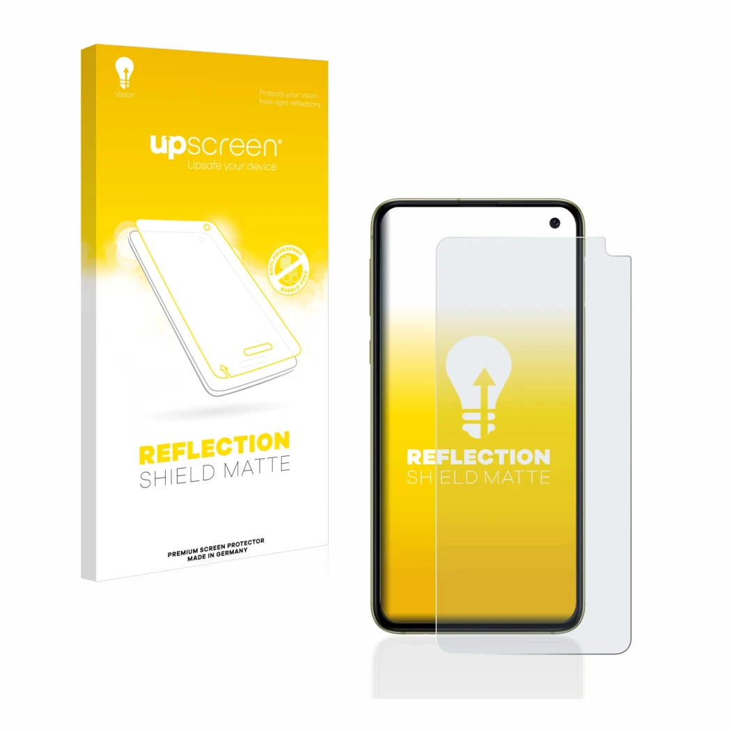 Parte frontal de un envase de producto con el logotipo de la marca upscreen. Al lado se muestra el dispositivo Samsung Galaxy