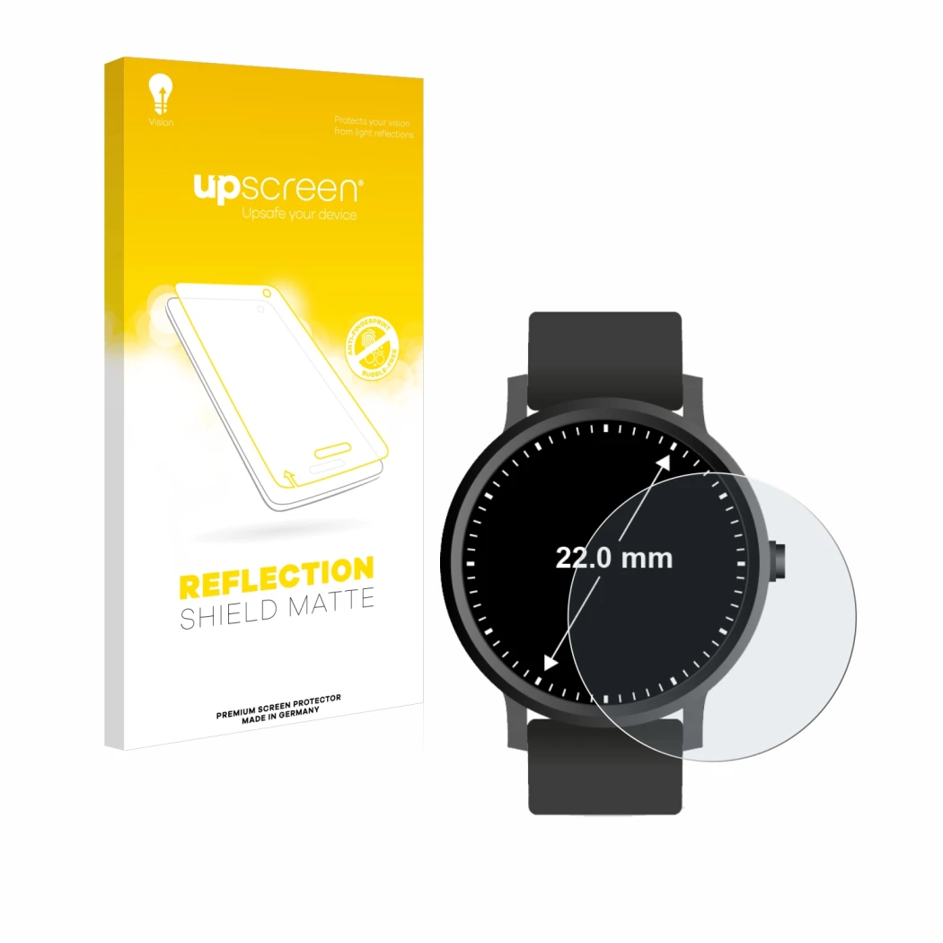 Parte frontal de un envase de producto con el logotipo de la marca upscreen. Al lado se muestra el dispositivo Circular Displa