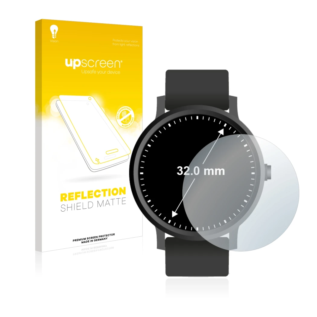 Parte frontal de un envase de producto con el logotipo de la marca upscreen. Al lado se muestra el dispositivo Circular Displa