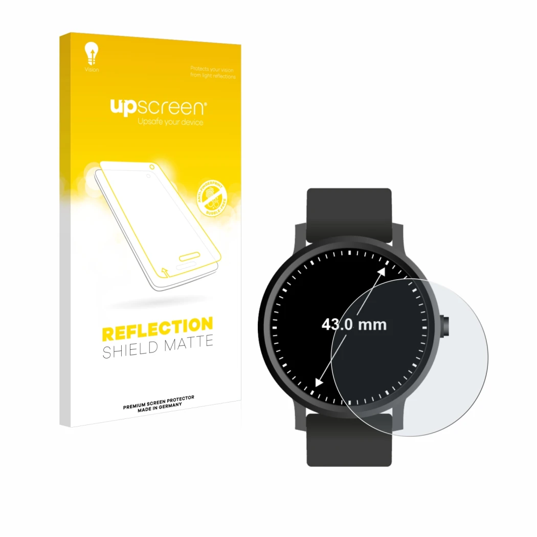 Parte frontal de un envase de producto con el logotipo de la marca upscreen. Al lado se muestra el dispositivo Circular Displa