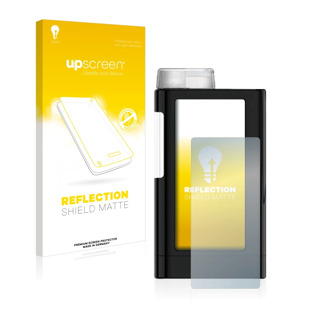 Parte frontal de un envase de producto con el logotipo de la marca upscreen. Al lado se muestra el dispositivo Mylife YpsoPump