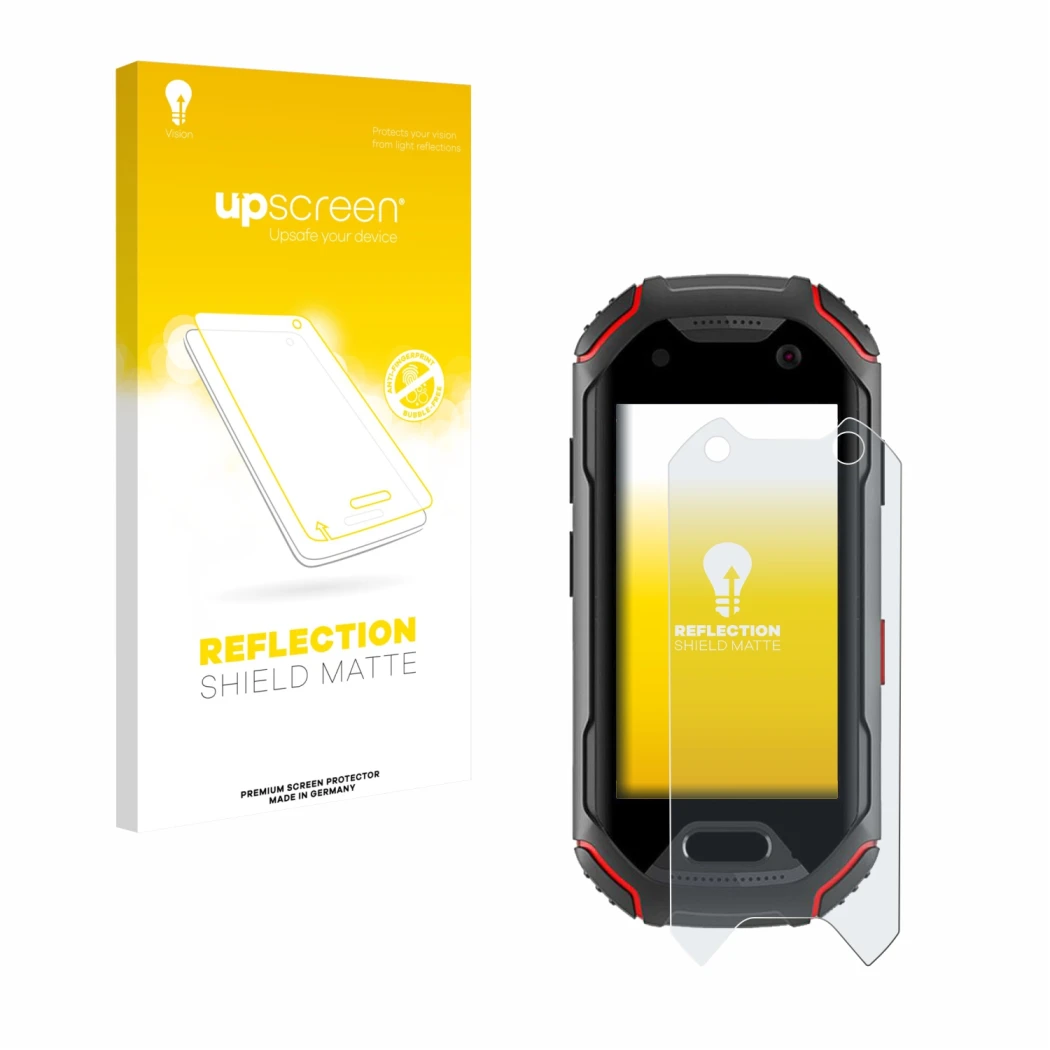 Parte frontal de un envase de producto con el logotipo de la marca upscreen. Al lado se muestra el dispositivo Unihertz Atom c