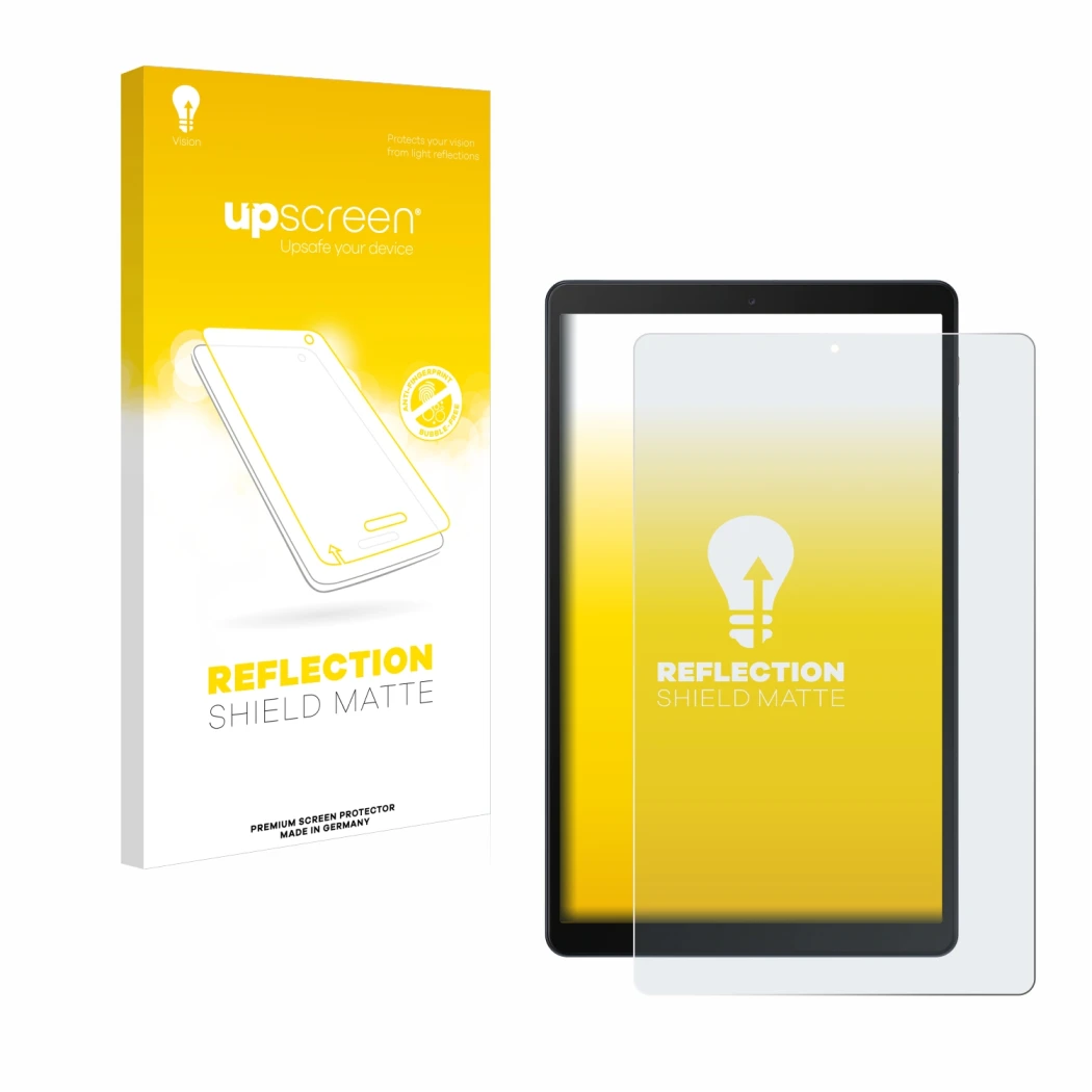 Parte frontal de un envase de producto con el logotipo de la marca upscreen. Al lado se muestra el dispositivo Samsung Galaxy 