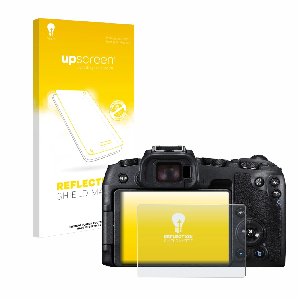 Parte frontal de un envase de producto con el logotipo de la marca upscreen. Al lado se muestra el dispositivo Canon EOS RP co