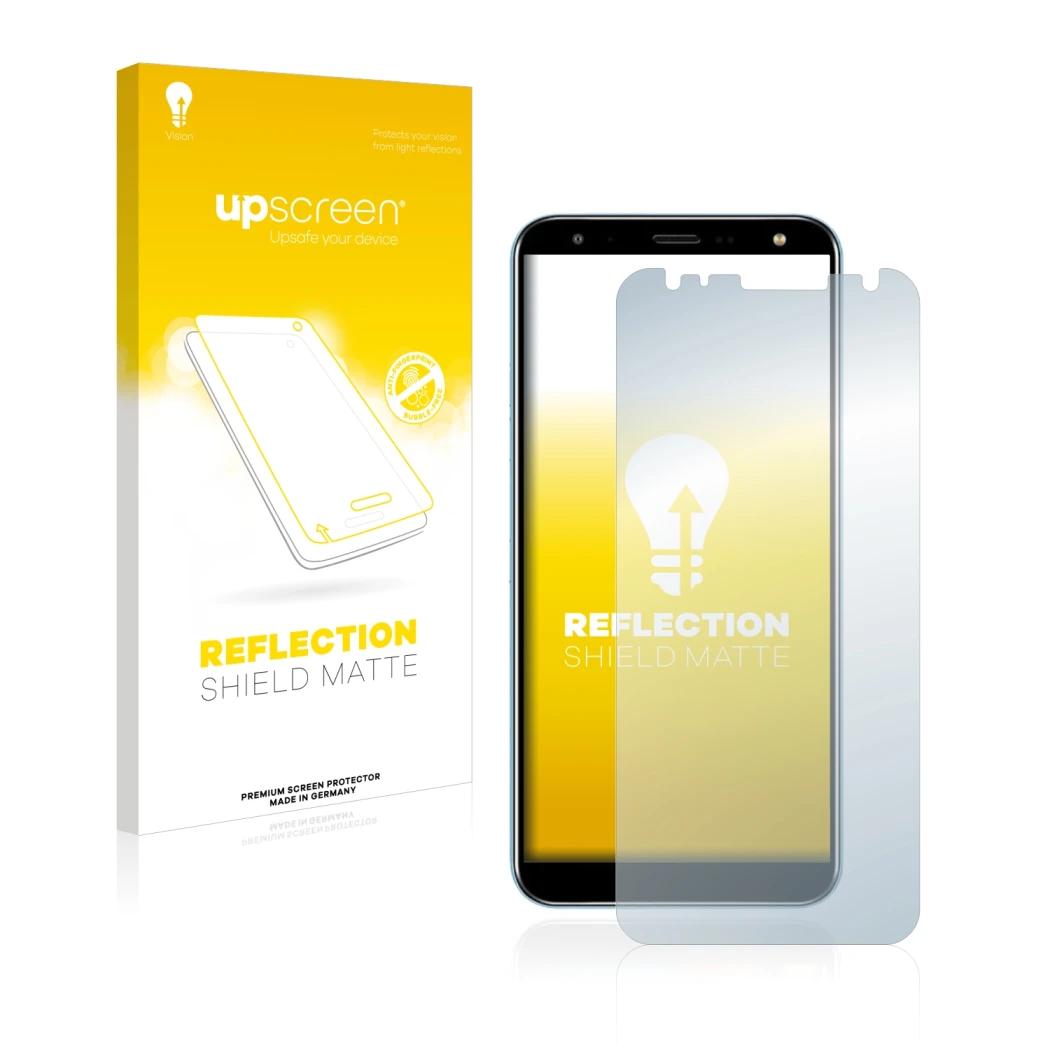 Parte frontal de un envase de producto con el logotipo de la marca upscreen. Al lado se muestra el dispositivo LG K40 con su p