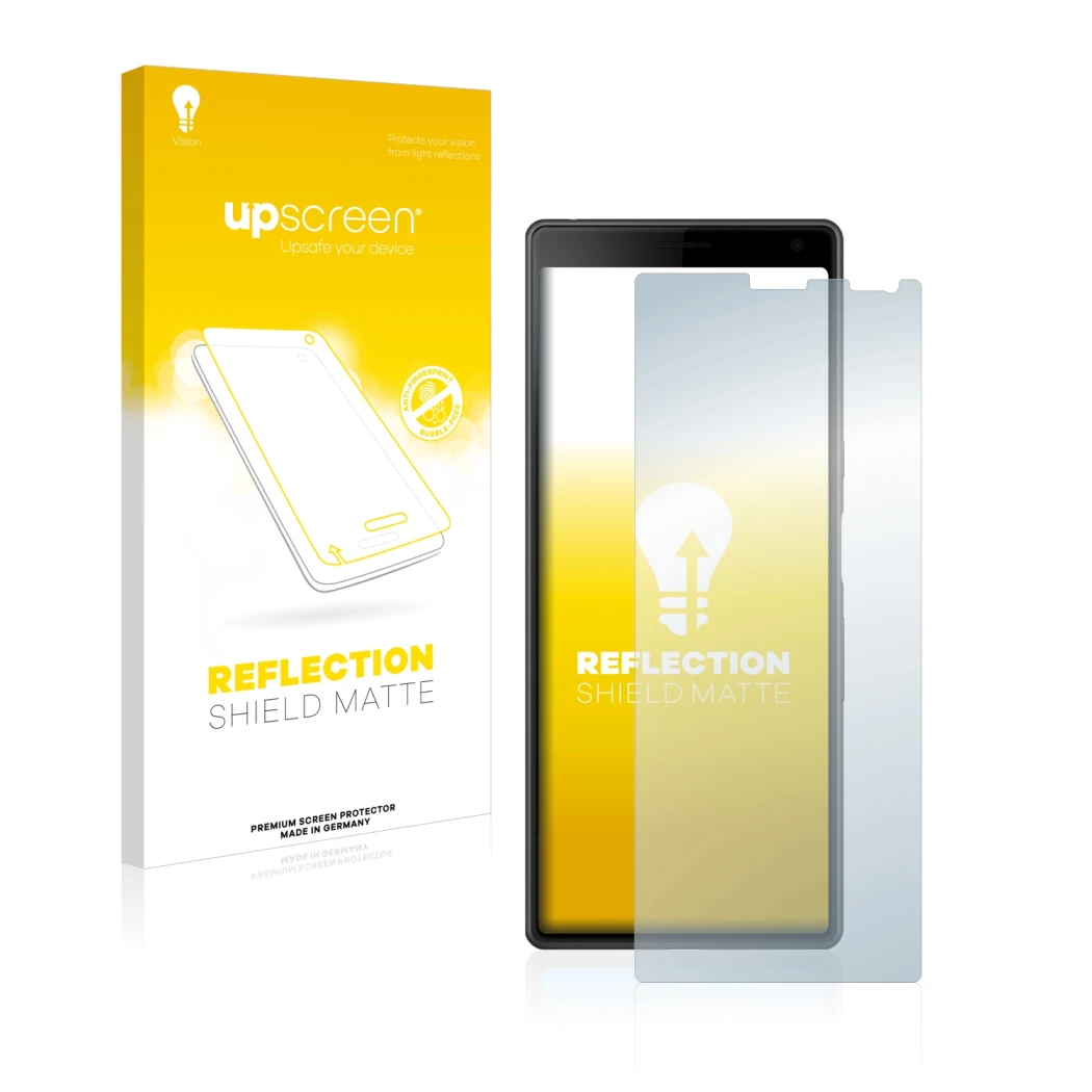 Parte frontal de un envase de producto con el logotipo de la marca upscreen. Al lado se muestra el dispositivo Sony Xperia 10
