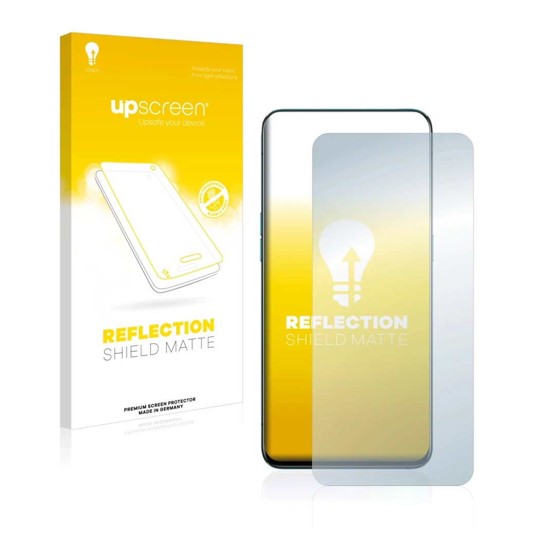 Parte frontal de un envase de producto con el logotipo de la marca upscreen. Al lado se muestra el dispositivo Oppo Reno 10x Z