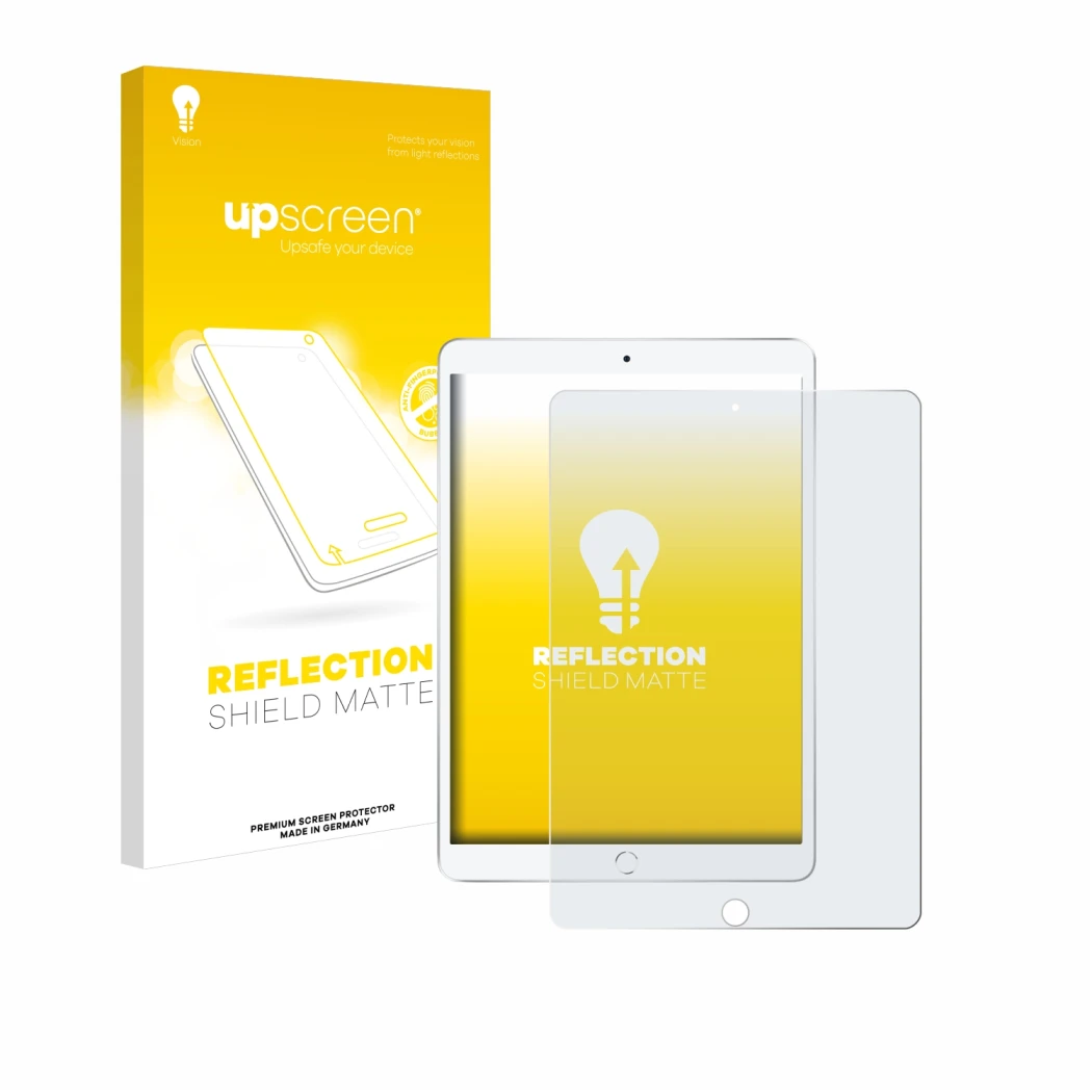Parte frontal de un envase de producto con el logotipo de la marca upscreen. Al lado se muestra el dispositivo Apple iPad Air