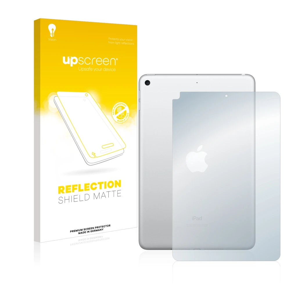 Parte frontal de un envase de producto con el logotipo de la marca upscreen. Al lado se muestra el dispositivo Apple iPad Mini