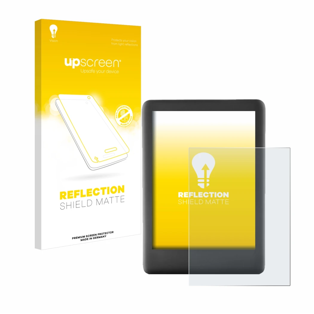 Parte frontal de un envase de producto con el logotipo de la marca upscreen. Al lado se muestra el dispositivo Amazon Kindle 2