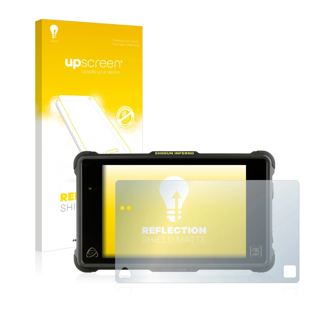 Parte frontal de un envase de producto con el logotipo de la marca upscreen. Al lado se muestra el dispositivo Atomos Shogun I
