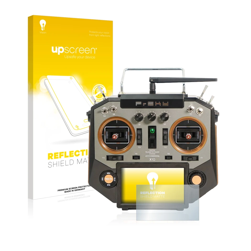 Parte frontal de un envase de producto con el logotipo de la marca upscreen. Al lado se muestra el dispositivo FrSky Horus X10