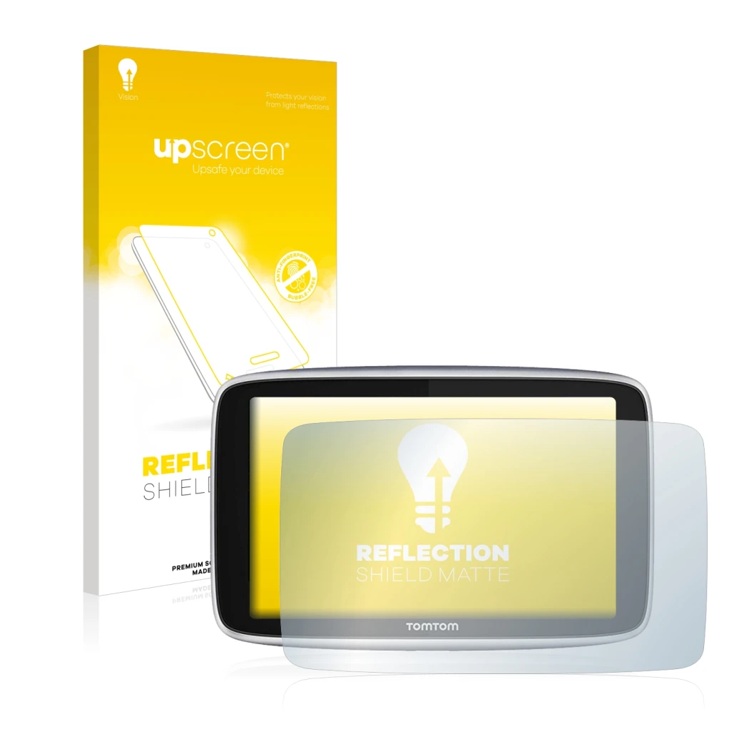 Parte frontal de un envase de producto con el logotipo de la marca upscreen. Al lado se muestra el dispositivo TomTom GO Premi