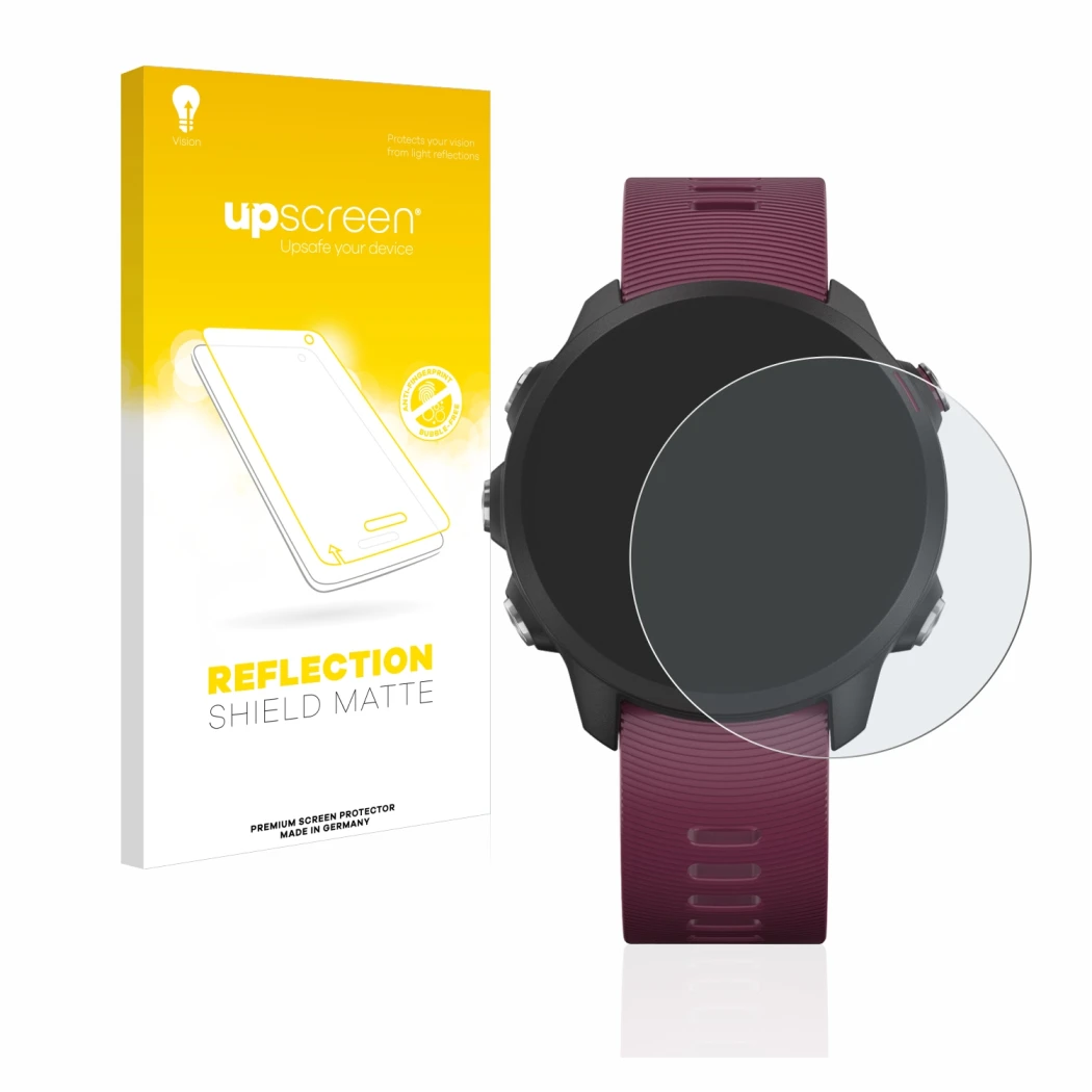 Parte frontal de un envase de producto con el logotipo de la marca upscreen. Al lado se muestra el dispositivo Garmin Forerunn