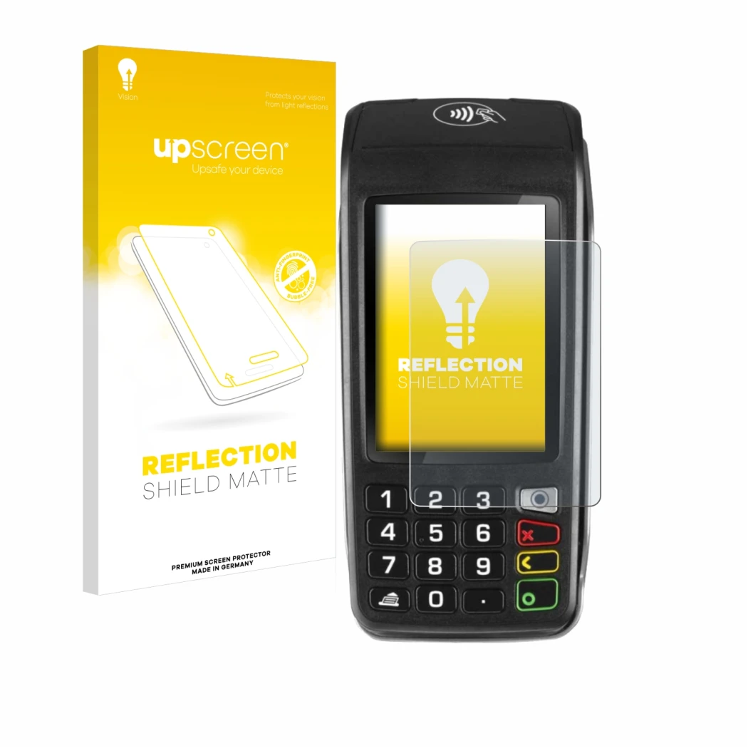 Parte frontal de un envase de producto con el logotipo de la marca upscreen. Al lado se muestra el dispositivo ingenico Move/5