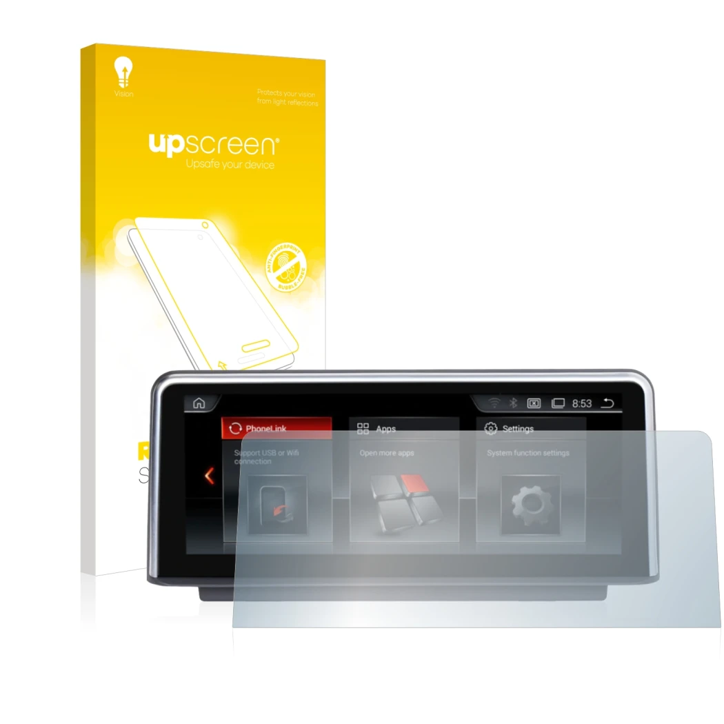 Parte frontal de un envase de producto con el logotipo de la marca upscreen. Al lado se muestra el dispositivo NaviFly Android