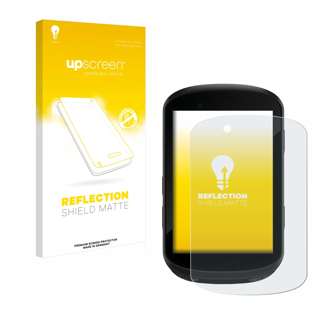 Parte frontal de un envase de producto con el logotipo de la marca upscreen. Al lado se muestra el dispositivo Garmin Edge 830