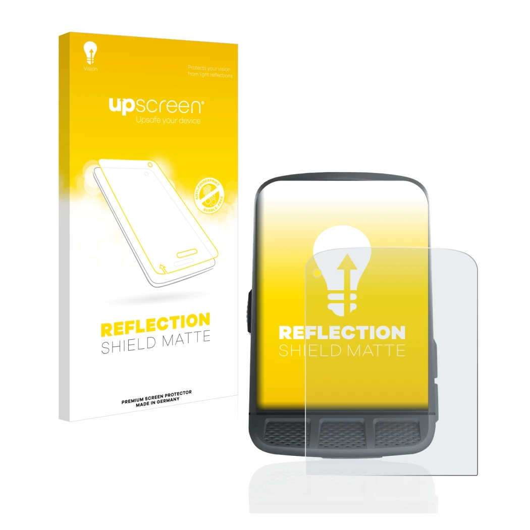 Parte frontal de un envase de producto con el logotipo de la marca upscreen. Al lado se muestra el dispositivo Wahoo Elemnt Ro