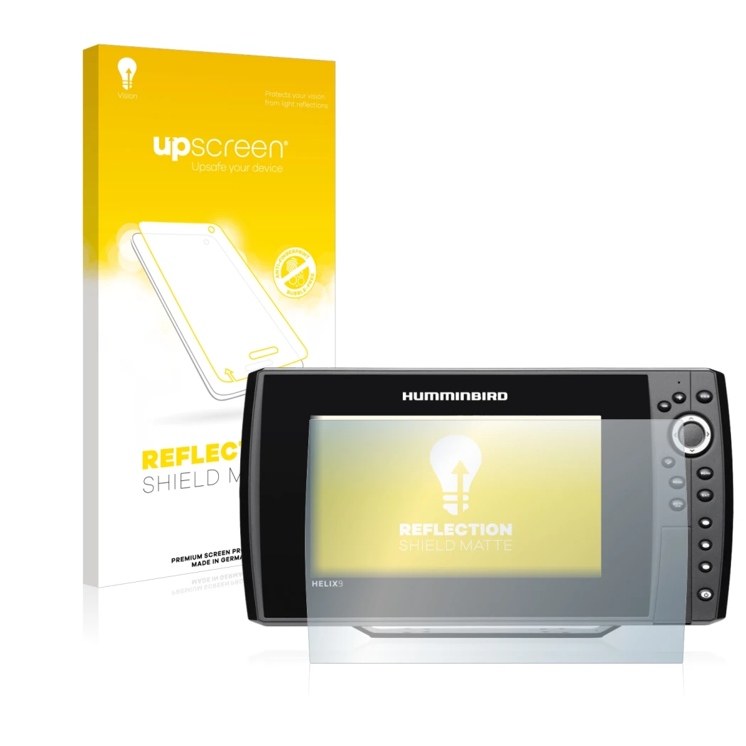 Parte frontal de un envase de producto con el logotipo de la marca upscreen. Al lado se muestra el dispositivo Humminbird Heli