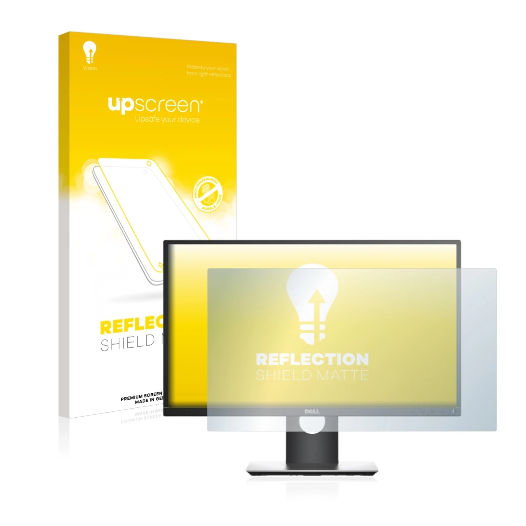 Parte frontal de un envase de producto con el logotipo de la marca upscreen. Al lado se muestra el dispositivo Dell P2419H con