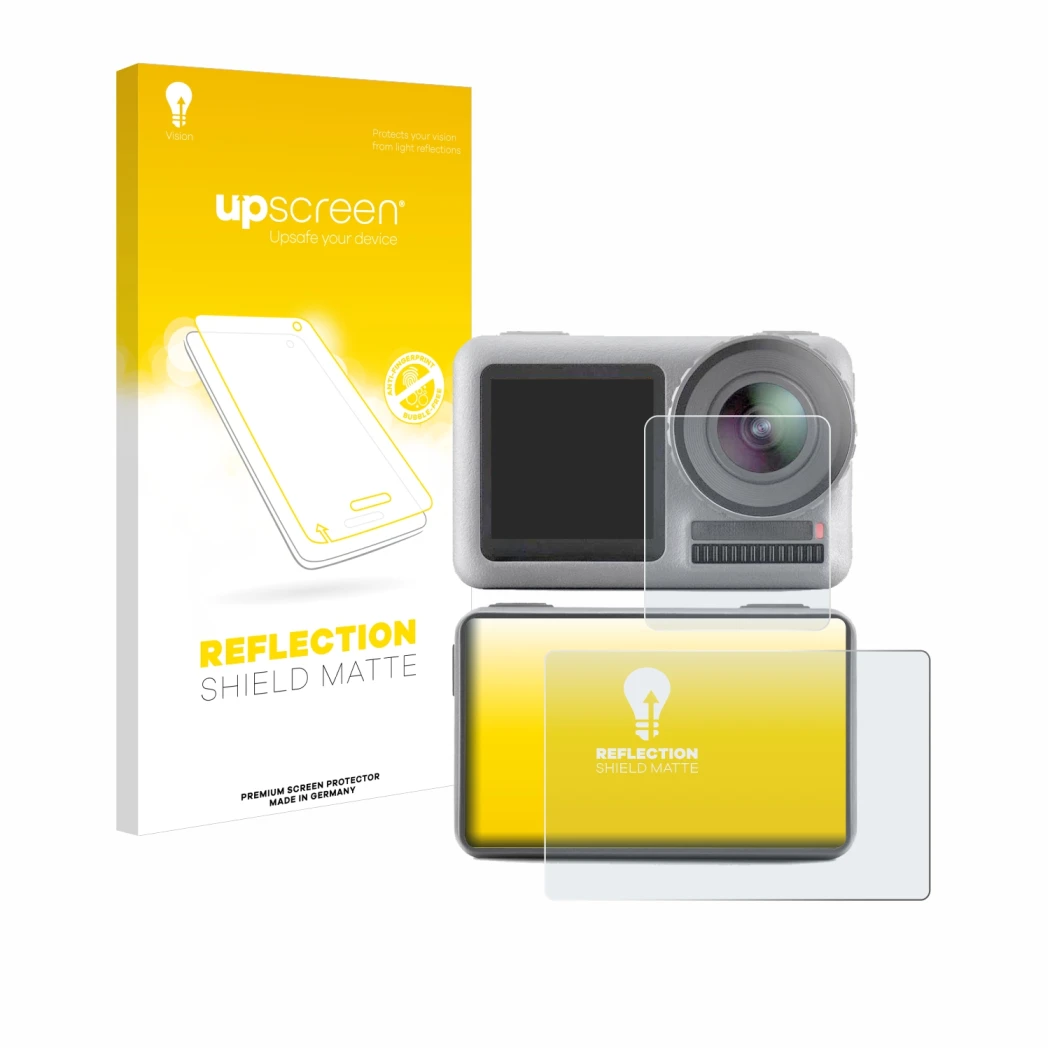 Parte frontal de un envase de producto con el logotipo de la marca upscreen. Al lado se muestra el dispositivo DJI Osmo Action