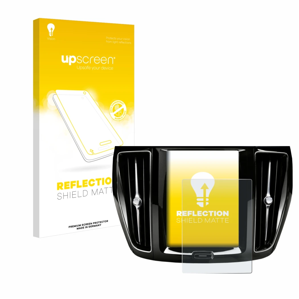 Parte frontal de un envase de producto con el logotipo de la marca upscreen. Al lado se muestra el dispositivo Volvo V60 Sensu