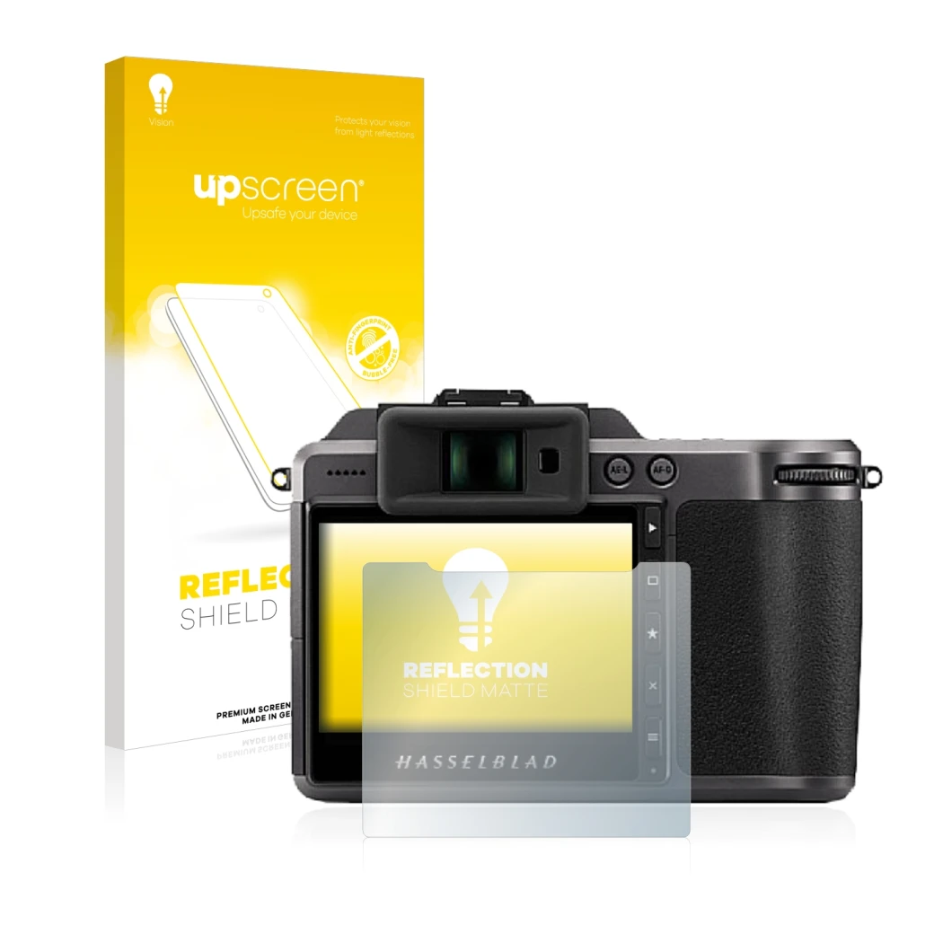 Parte frontal de un envase de producto con el logotipo de la marca upscreen. Al lado se muestra el dispositivo Hasselblad X1D
