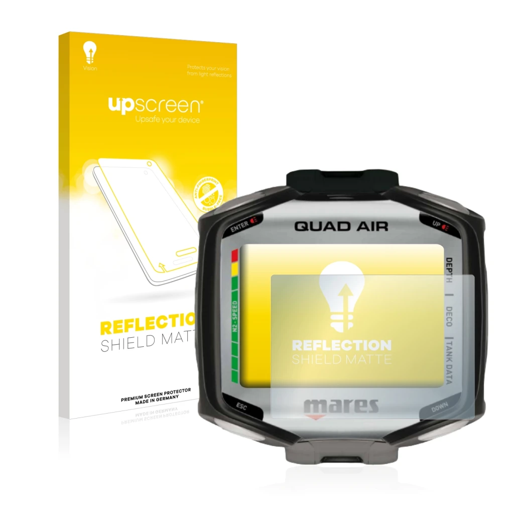 Parte frontal de un envase de producto con el logotipo de la marca upscreen. Al lado se muestra el dispositivo Mares Quad Air