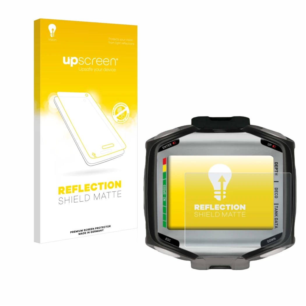 Parte frontal de un envase de producto con el logotipo de la marca upscreen. Al lado se muestra el dispositivo Mares Quad con 