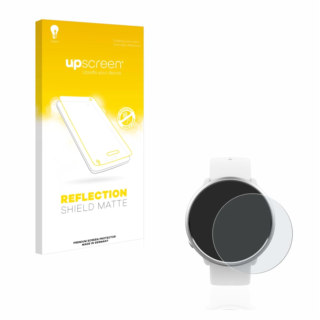 Parte frontal de un envase de producto con el logotipo de la marca upscreen. Al lado se muestra el dispositivo Polar Ignite co