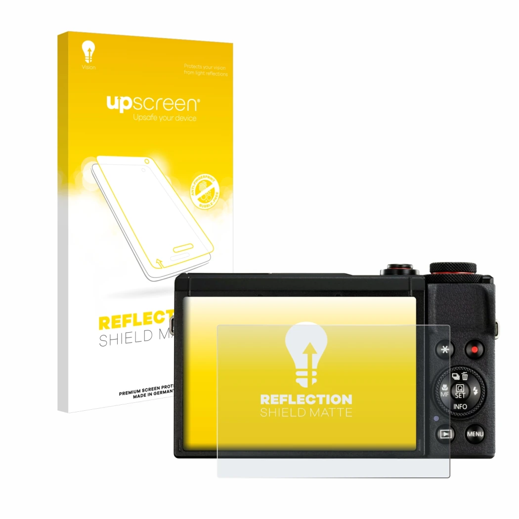 Parte frontal de un envase de producto con el logotipo de la marca upscreen. Al lado se muestra el dispositivo Canon PowerShot