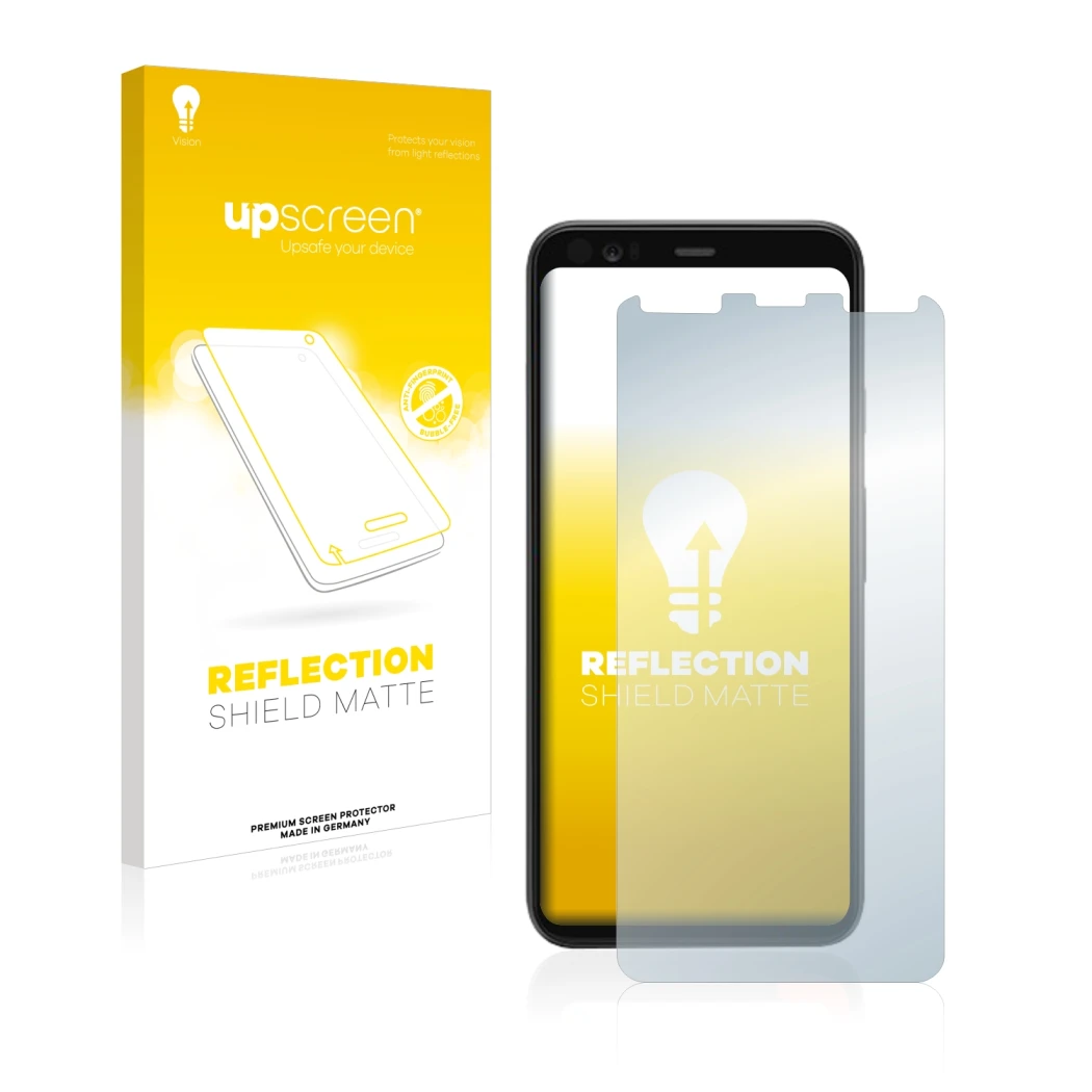 Parte frontal de un envase de producto con el logotipo de la marca upscreen. Al lado se muestra el dispositivo Google Pixel 4 