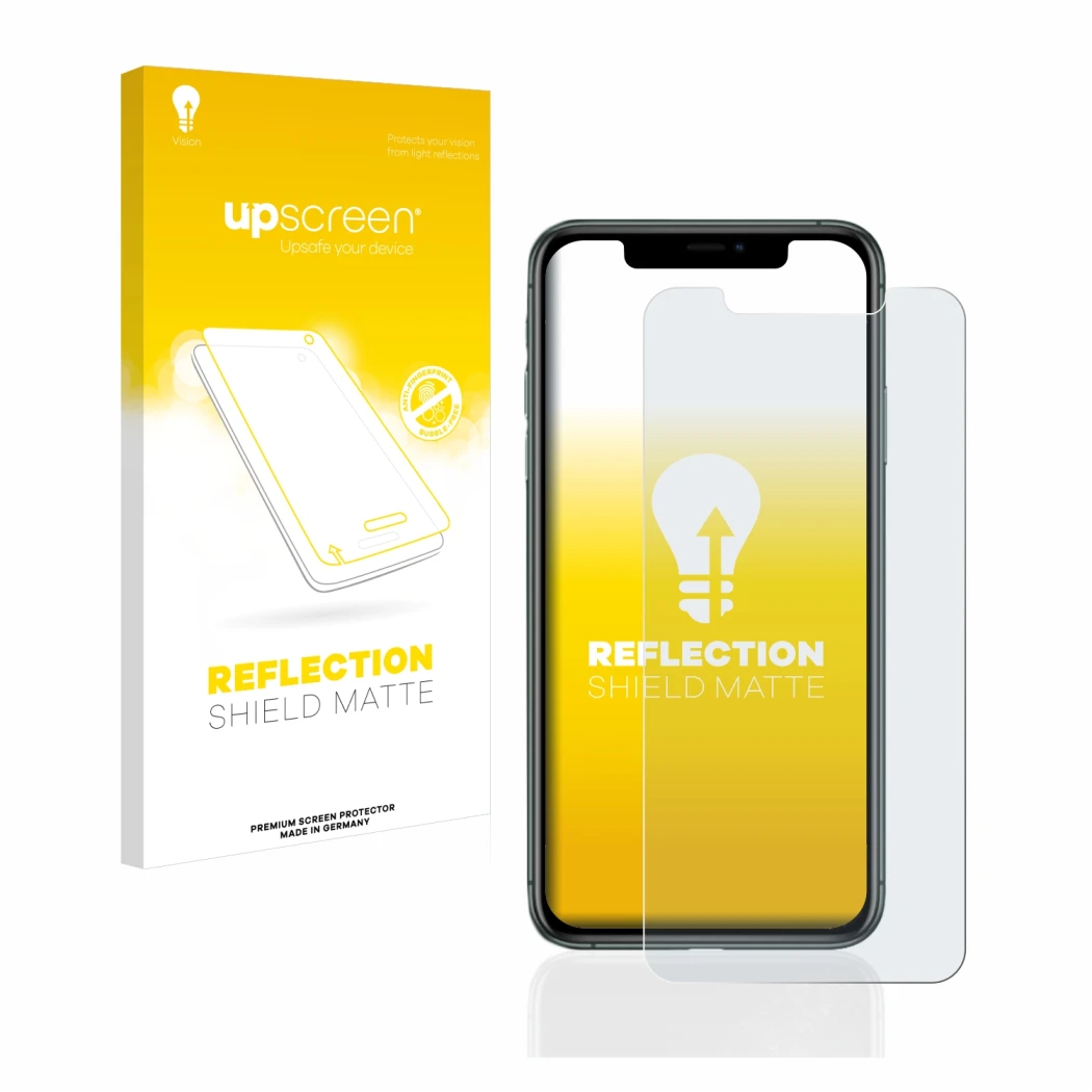 Parte frontal de un envase de producto con el logotipo de la marca upscreen. Al lado se muestra el dispositivo Apple iPhone 11