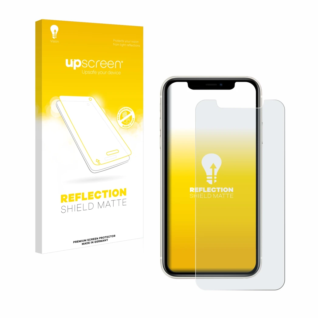 Parte frontal de un envase de producto con el logotipo de la marca upscreen. Al lado se muestra el dispositivo Apple iPhone 11