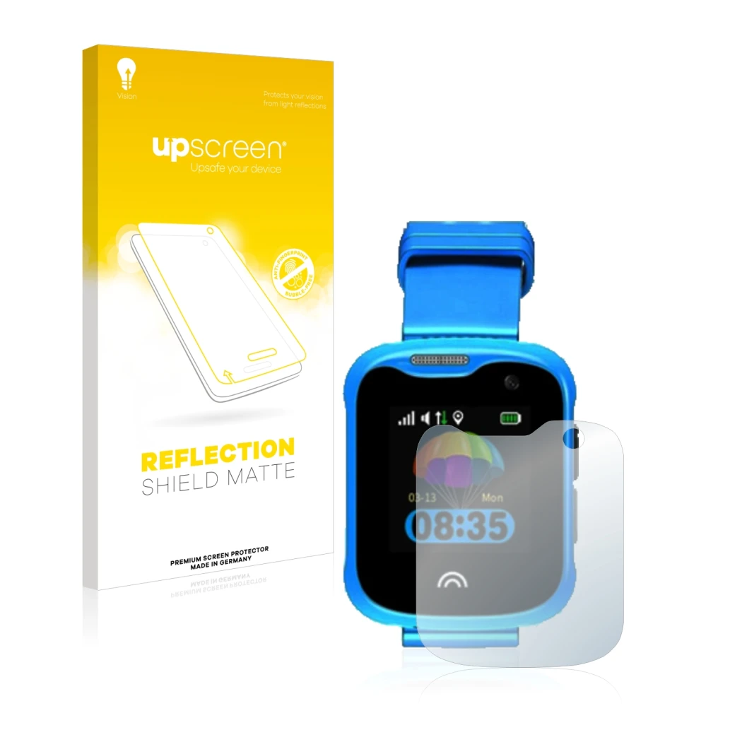 Parte frontal de un envase de producto con el logotipo de la marca upscreen. Al lado se muestra el dispositivo KiDSnav Ultra c