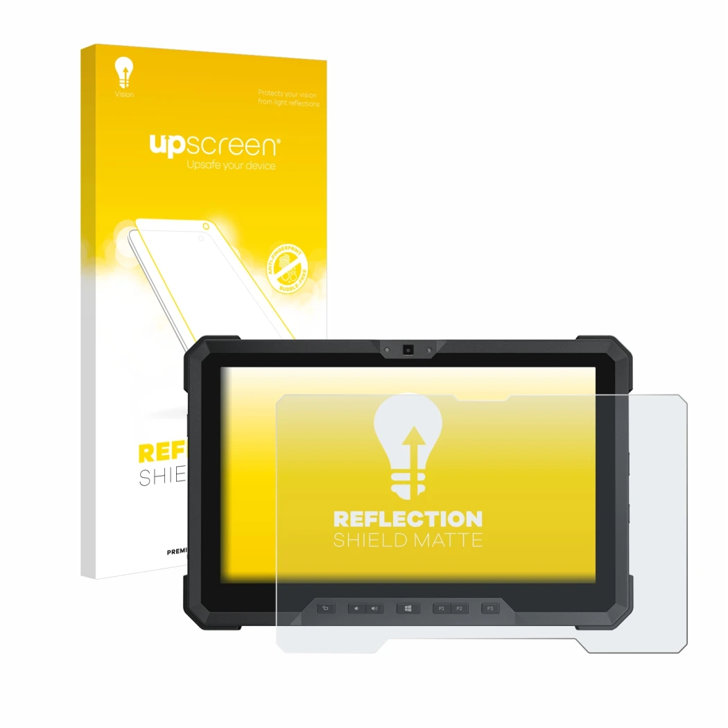 Parte frontal de un envase de producto con el logotipo de la marca upscreen. Al lado se muestra el dispositivo Dell Latitude 1