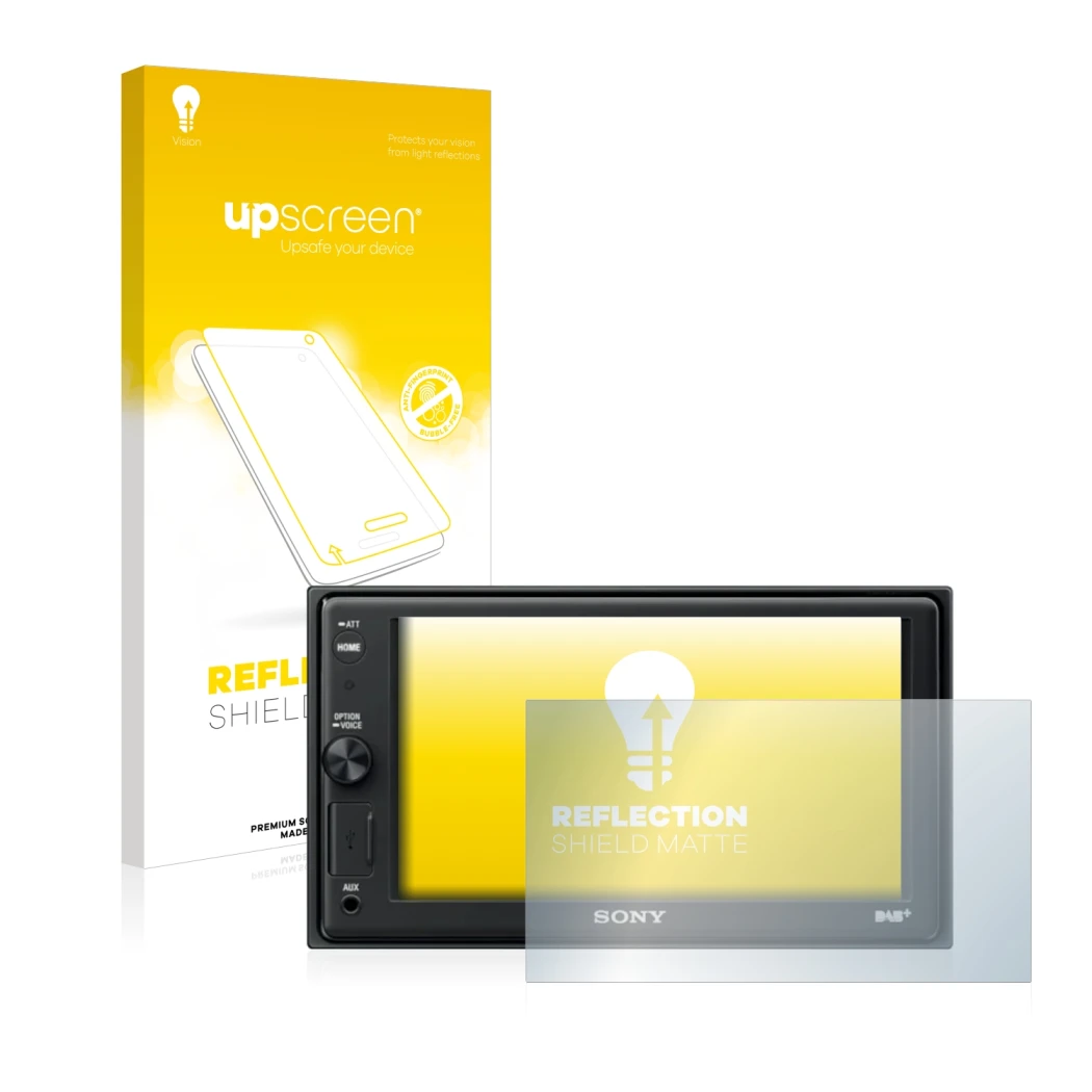 Parte frontal de un envase de producto con el logotipo de la marca upscreen. Al lado se muestra el dispositivo Sony XAV-AX1005