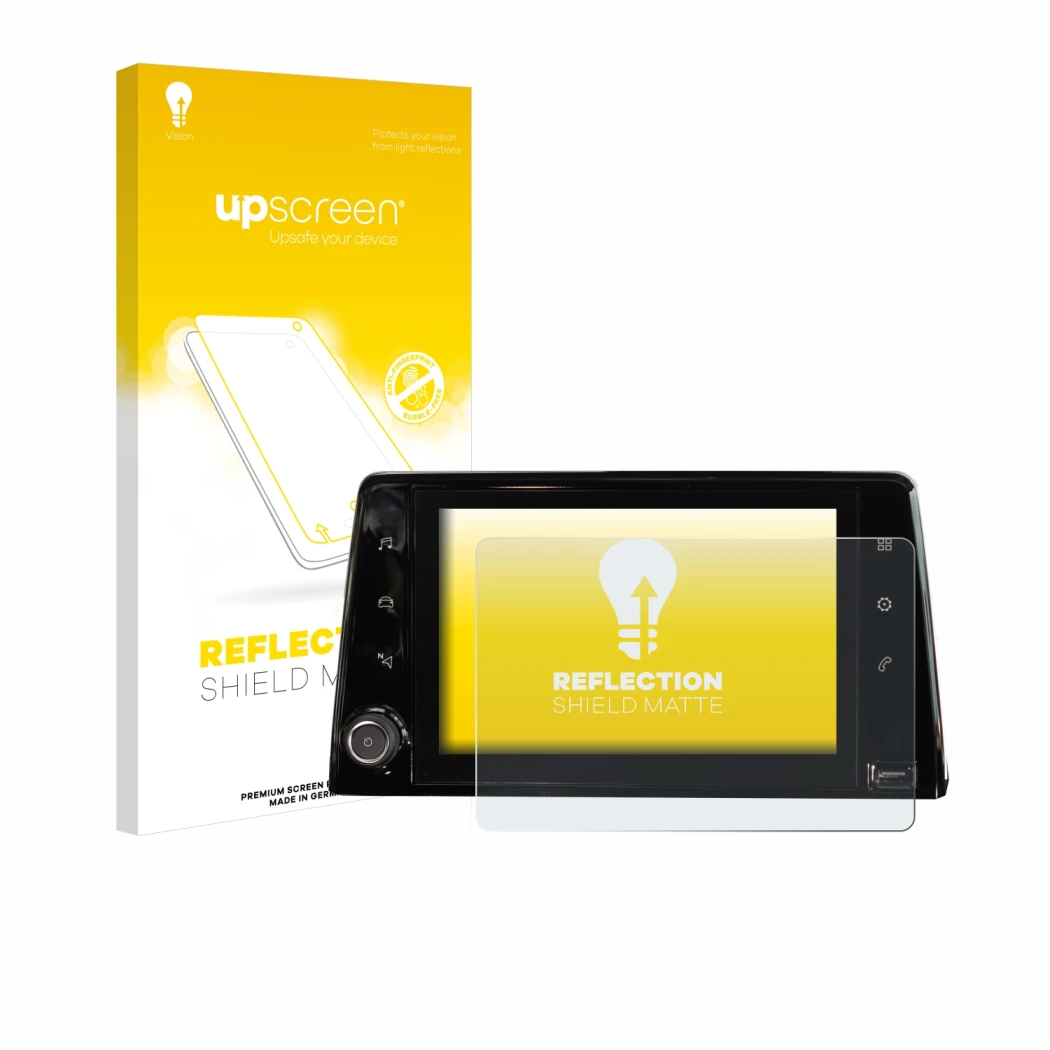 Parte frontal de un envase de producto con el logotipo de la marca upscreen. Al lado se muestra el dispositivo Peugeot Rifter