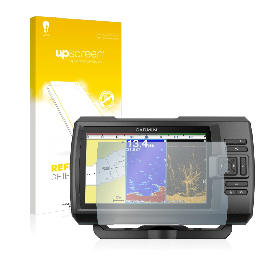 Parte frontal de un envase de producto con el logotipo de la marca upscreen. Al lado se muestra el dispositivo Garmin Striker