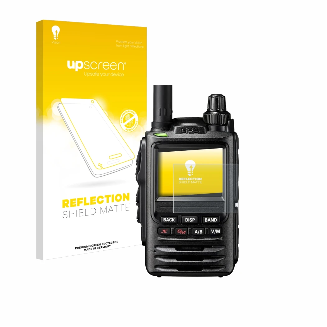 Parte frontal de un envase de producto con el logotipo de la marca upscreen. Al lado se muestra el dispositivo Yaesu FT-3D con