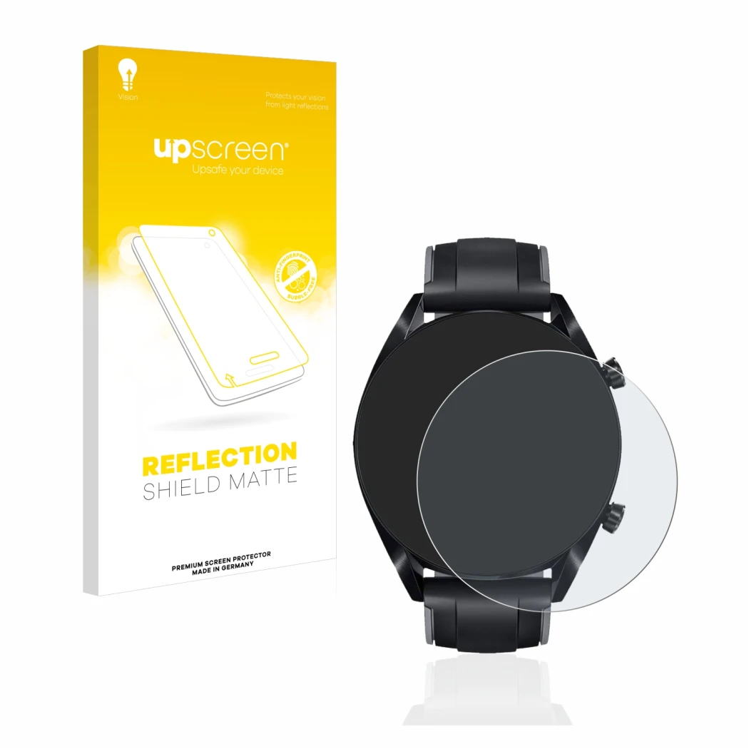 Parte frontal de un envase de producto con el logotipo de la marca upscreen. Al lado se muestra el dispositivo Huawei Watch GT