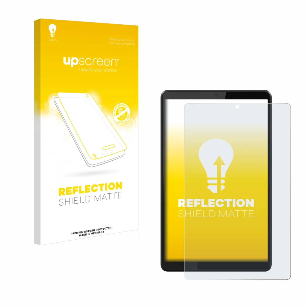 Parte frontal de un envase de producto con el logotipo de la marca upscreen. Al lado se muestra el dispositivo Lenovo Tab M8 c