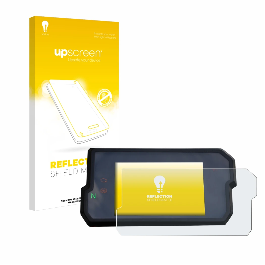 Parte frontal de un envase de producto con el logotipo de la marca upscreen. Al lado se muestra el dispositivo KTM 125 / 390 D