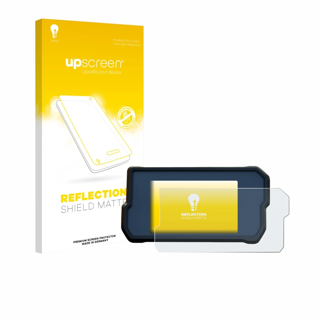 Parte frontal de un envase de producto con el logotipo de la marca upscreen. Al lado se muestra el dispositivo KTM 790 Adventu