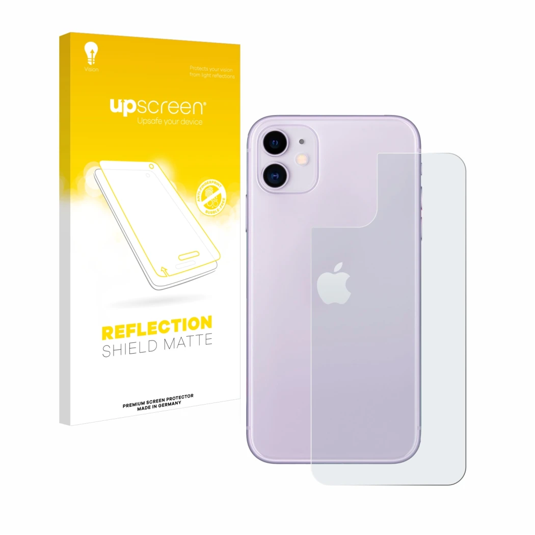 Parte frontal de un envase de producto con el logotipo de la marca upscreen. Al lado se muestra el dispositivo Apple iPhone 11