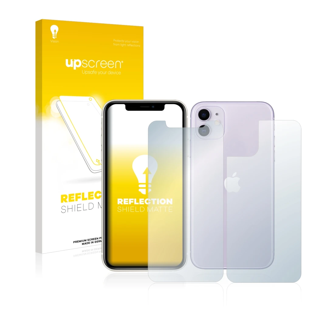 Parte frontal de un envase de producto con el logotipo de la marca upscreen. Al lado se muestra el dispositivo Apple iPhone 11